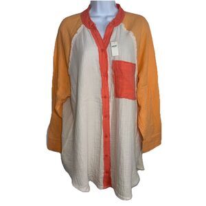 Aerie Gauzy Coverup Shirt Women L Pool To Party Creamsicle Pastel Raw Trim NEW